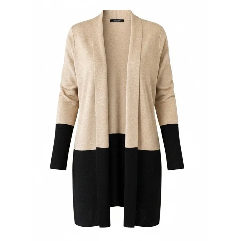 Cyrus Womens 1X Chic Tan Black‎ Colorblock Open Front Longline Cardigan Sweater